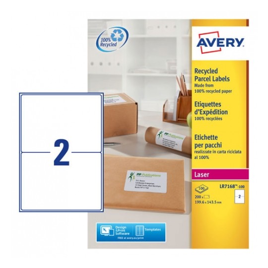 Avery LR7168-100 Laser Recycled A4 Labels 2 per Page 199.6x143.5 White - 100 Sheets