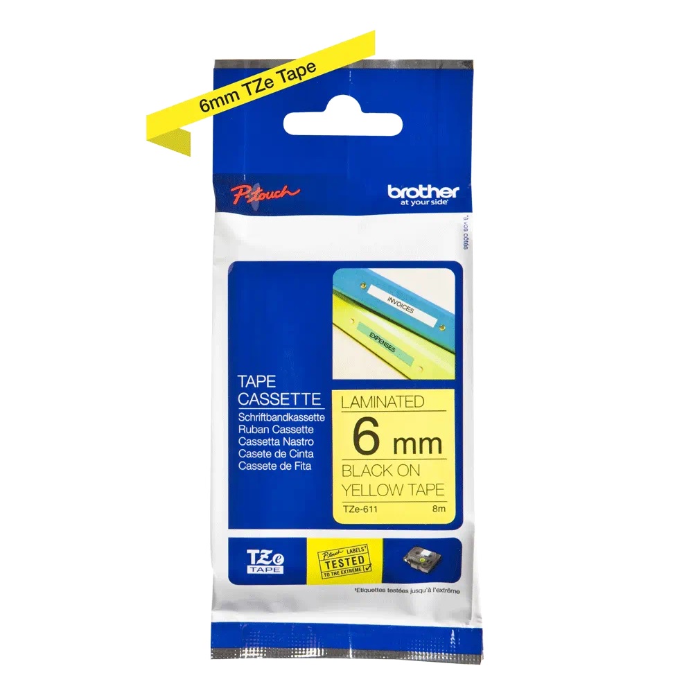 Brother TZE-611 P-Touch Black On Yellow Label Tape 6mm x 8m TZE611