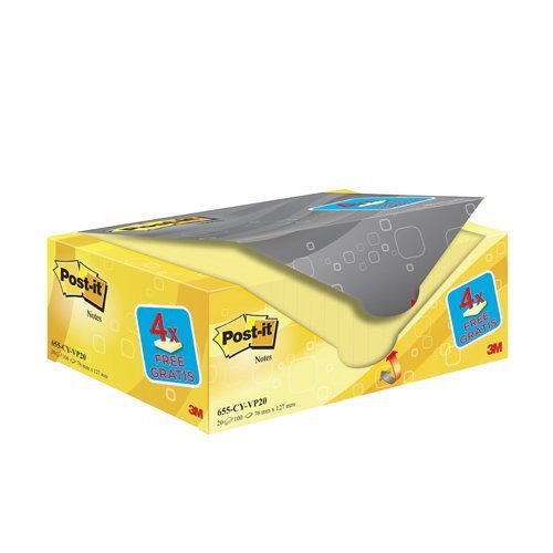 3M 655-CY-VP20 Post-It Canary Yellow Notes Value Pack 76x127 - 20