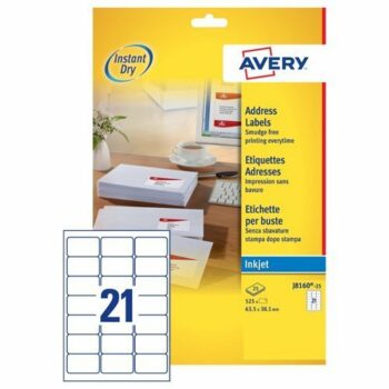 Avery J8160-25 Inkjet Address A4 Labels 21 Per Page 63.5x38.1 White - 25 Sheets