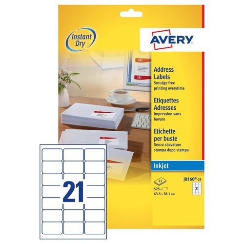 Avery J8160-25 Inkjet Address A4 Labels 21 Per Page 63.5x38.1 White - 25 Sheets