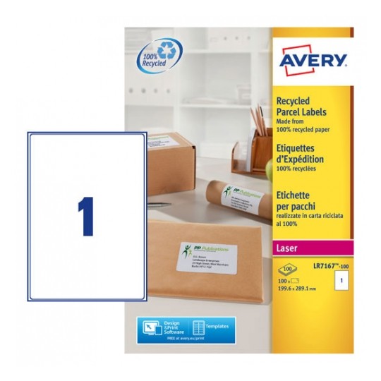 Avery LR7167-100 Laser Recycled A4 Labels 1 per Page 199.6x289.1 White - 100 Sheets