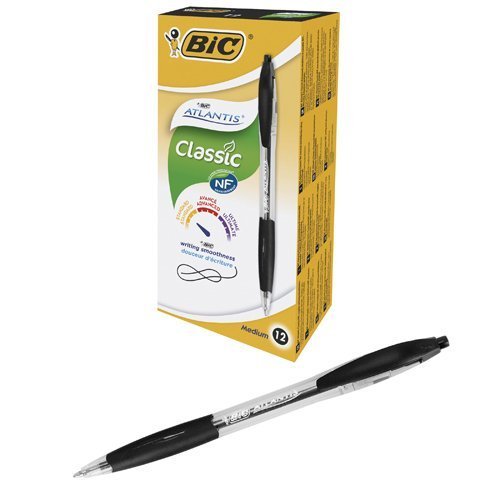 BIC Atlantis Classic Black Ball Pen Retractable 887132 - Pack 12