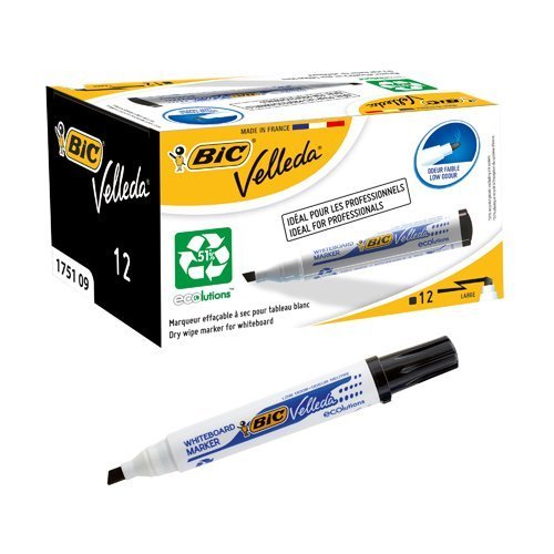 BIC Velleda 1751 Black Whiteboard Chisel Markers 904946 - Pack 12