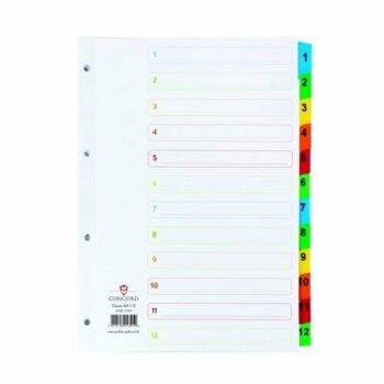Concord Classic Colour A4 1-12 Index Dividers Punched Card 01301/CS13