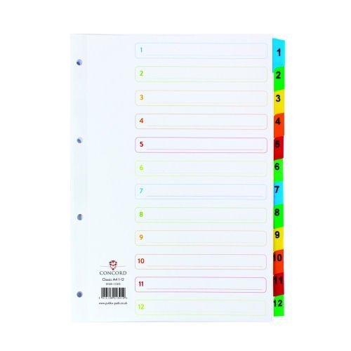 Concord Classic Colour A4 1-12 Index Dividers Punched Card 01301/CS13