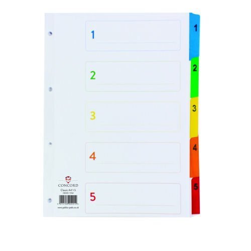 Concord Classic Colour A4 1-5 Index Dividers Punched Card 00201/CS2