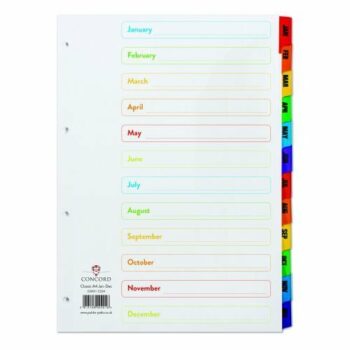 Concord Classic Colour A4 Jan-Dec Index Dividers Punched Card 02401/CS24