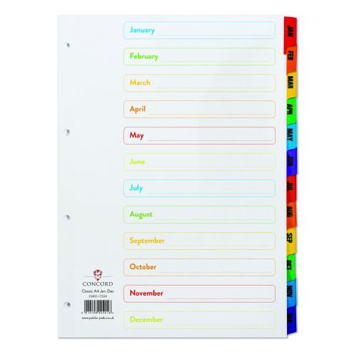 Concord Classic Colour A4 Jan-Dec Index Dividers Punched Card 02401/CS24
