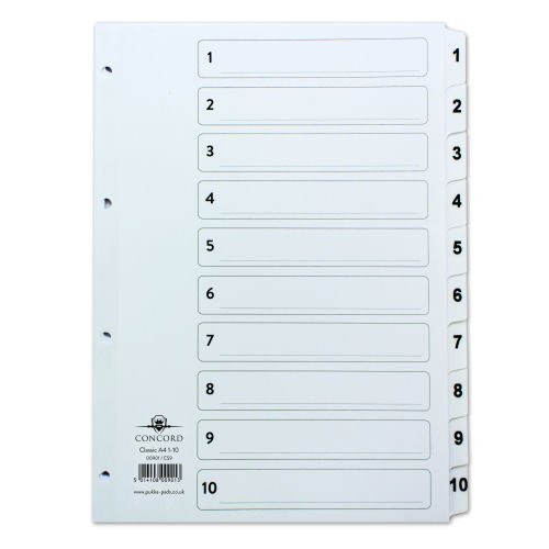 Concord Classic Index A4 1-10 Dividers White Punched Card 00901/CS9