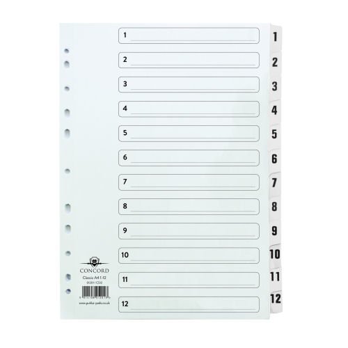 Concord Classic Index A4 1-12 Dividers White Punched Card 01201/CS12