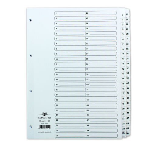 Concord Classic Index A4 1-50 Dividers White Punched Card 05501/CS55
