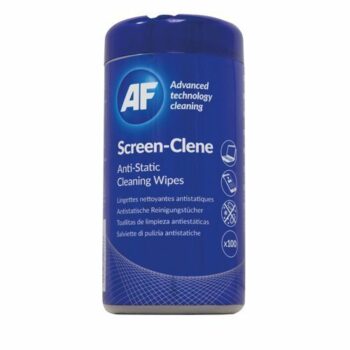 AF Screen Clene Anti-Static Wipes - Tub of 100 perfect for keeping screens and electronic devices clean and free from dust and static. Ideal for use on monitors laptops and tablets these wipes ensure a streak-free finish.