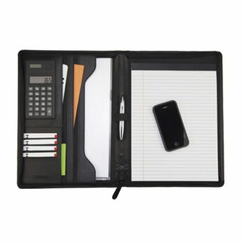 Discover the Monolith Leather Look Zipped Folio a stylish and practical accessory featuring a built-in calculator and notepad perfect for professionals on the go. This sleek folio combines functionality with a sophisticated leather-like finish making it an ideal choice for meetings and presentations.