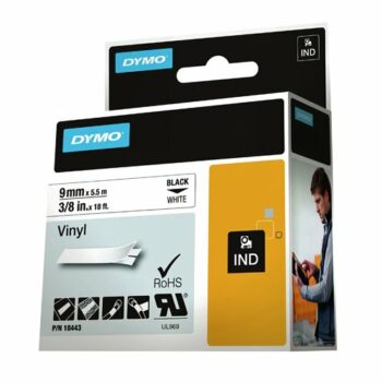 Shop the DYMO IND Black on White 18443 S0718580 Label featuring durable 9mm vinyl for reliable labelling solutions. Perfect for industrial use this high-quality label ensures clear visibility and long-lasting performance.