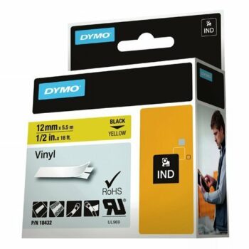 Shop the DYMO IND Black on Yellow 18432 Label featuring durable 12mm vinyl for clear and long-lasting labelling solutions. Perfect for industrial use this label ensures high visibility and easy identification.