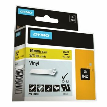 Shop the DYMO IND Black on Yellow 18433 Label featuring durable 19mm vinyl for long-lasting labels. Perfect for industrial use this label ensures clear visibility and easy identification.