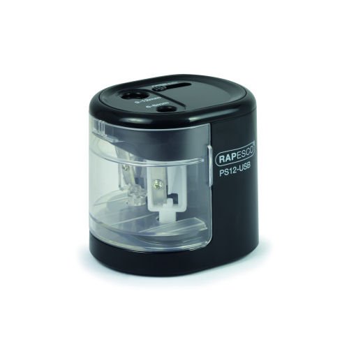 Discover the Rapesco PS12-USB Pencil Sharpener in sleek black model 1449 designed for efficient sharpening with a modern USB power option perfect for home or office use.