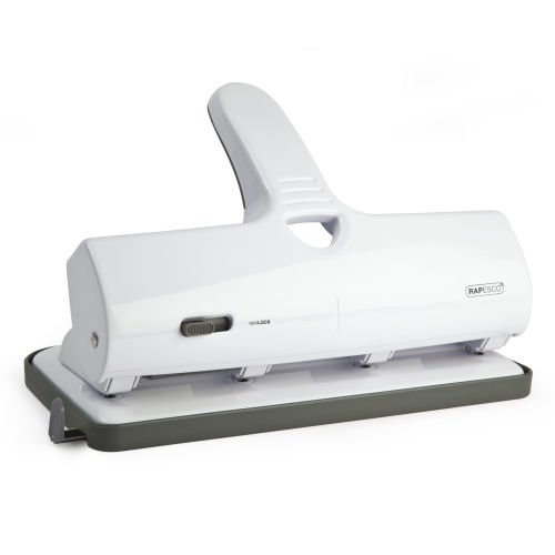 Rapesco ALU 40 Heavy Duty Four-Hole Punch in White capable of punching through 40 sheets with ease perfect for organising your documents efficiently.