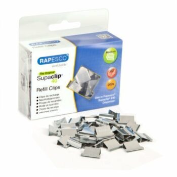 Shop the Rapesco Supaclip 40 Refill Clips in stainless steel available in a convenient pack of 200 (CP20040S) for all your document fastening needs. Perfect for keeping your papers organised and secure.