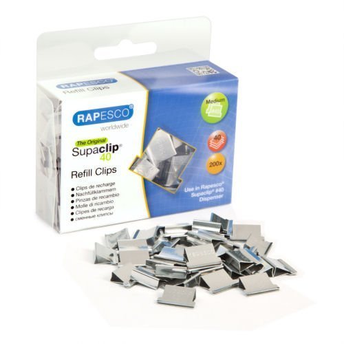 Shop the Rapesco Supaclip 40 Refill Clips in stainless steel available in a convenient pack of 200 (CP20040S) for all your document fastening needs. Perfect for keeping your papers organised and secure.