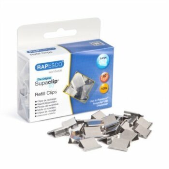 Shop the Rapesco Supaclip 60 Refill Clips in stainless steel available in a convenient pack of 100 (CP10060S) for all your document fastening needs. Perfect for keeping your papers organised and secure.