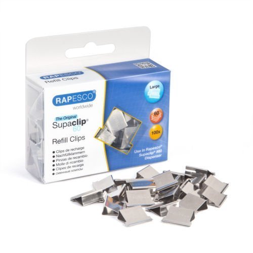 Shop the Rapesco Supaclip 60 Refill Clips in stainless steel available in a convenient pack of 100 (CP10060S) for all your document fastening needs. Perfect for keeping your papers organised and secure.