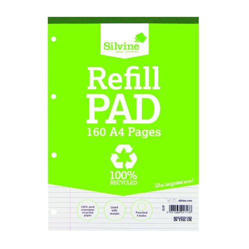 Silvine Everyday Recycled Refill Pad Ruled & Margin 160pp A4 RE4FM - Pack 6