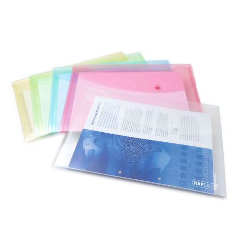 Shop the Rapesco Popper Wallets in a delightful pastel assortment perfect for organising your documents in style. This pack of 5 foolscap wallets is ideal for both home and office use.