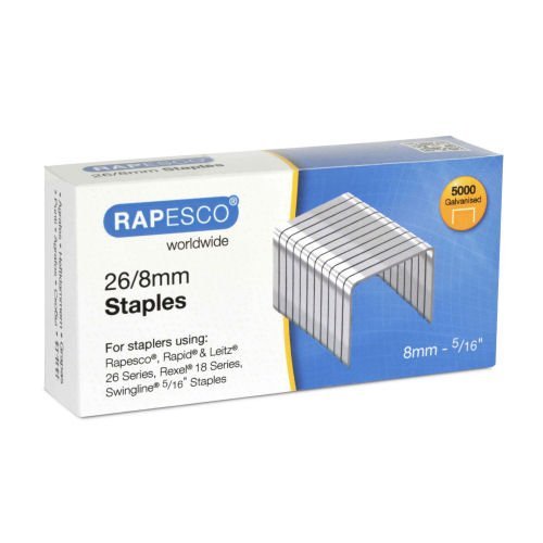 High-quality Rapesco 26/8mm staples ideal for secure binding of documents available in a convenient pack of 5000. Perfect for home or office use ensuring reliable performance for all your stapling needs.