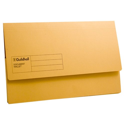 Shop our Guildhall Document Wallets in vibrant yellow (GDW1-YLW) - perfect for organising your documents. Available in a convenient pack of 50 these durable wallets are ideal for both home and office use.