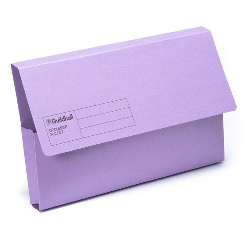 Shop the Guildhall Document Wallets in vibrant violet (GDW1-VLT) - perfect for organising your documents. Available in a convenient pack of 50 these durable wallets are ideal for both home and office use.