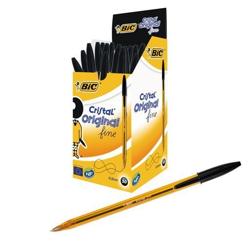 BIC Cristal Original Fine Black Ball Pen - Pack of 50 perfect for smooth writing and everyday use. Ideal for schools offices and home these reliable pens offer precision and comfort.