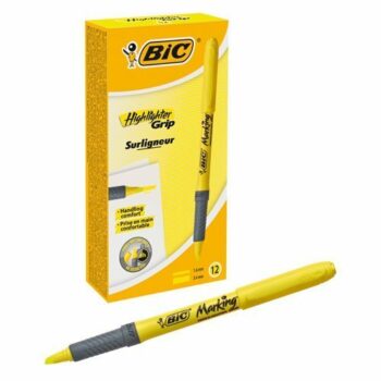 BIC Grip Highlighter in vibrant yellow with a chisel tip perfect for highlighting and underlining. This pack of 12 is ideal for students and professionals looking to make their notes stand out.