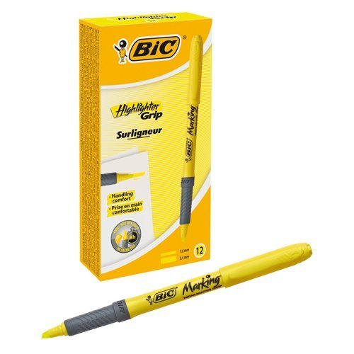 BIC Grip Highlighter in vibrant yellow with a chisel tip perfect for highlighting and underlining. This pack of 12 is ideal for students and professionals looking to make their notes stand out.