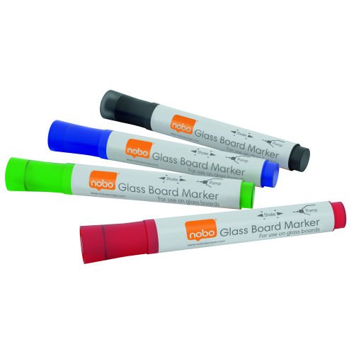 Shop the Nobo Glass Board Markers in assorted colours perfect for vibrant writing and drawing on glass surfaces. This pack of 4 markers offers a variety of hues to enhance your presentations and creative projects.