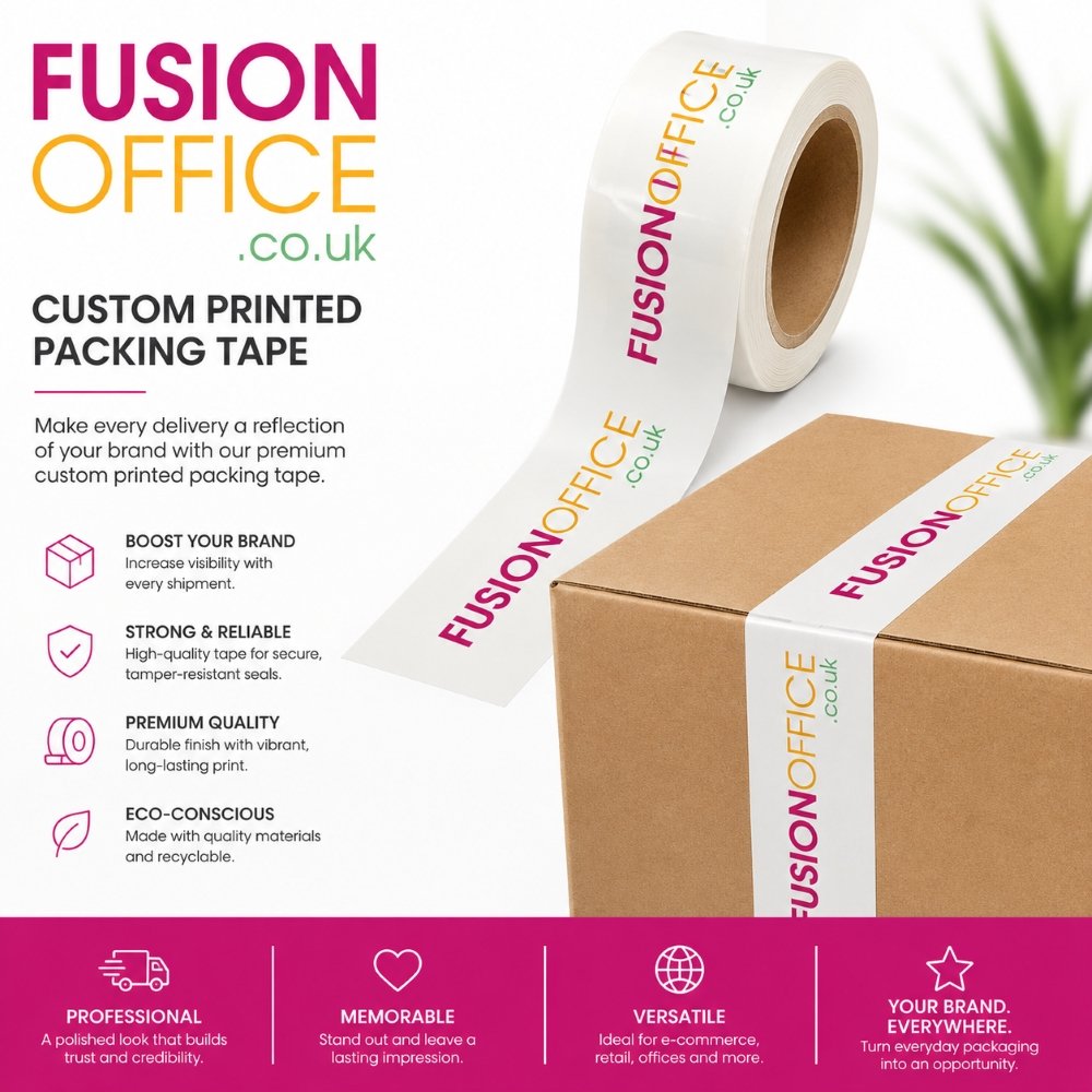 Custom Printed Packaging Tapes Polypropylene 50mm x 66m (50x66) - Features - Fusion Office Ltd Custom Printed Packaging Tapes Polypropylene 50mm x 66m (50x66) - Features - Fusion Office Ltd