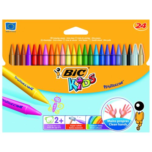 Explore the vibrant BIC KIDS Plastidecor Crayons in assorted colours perfect for creative projects and artistic expression. This pack of 24 crayons is ideal for children providing smooth and easy application on paper.