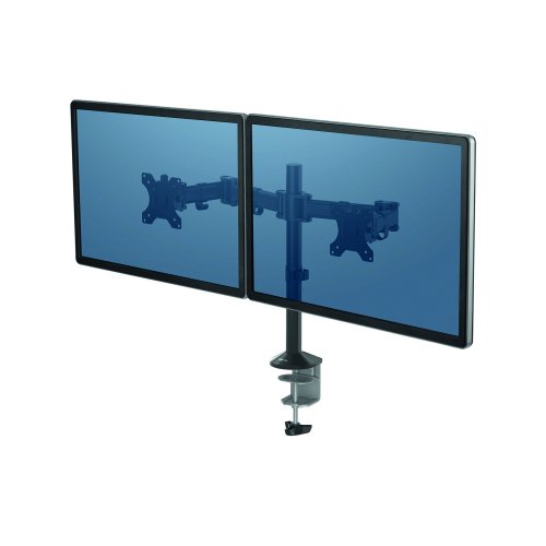 Enhance your workspace with the Fellowes Reflex Dual Monitor Arm 8502601 designed to support two monitors for optimal viewing and improved ergonomics. This adjustable monitor stand allows for easy positioning helping to reduce neck strain and increase productivity.