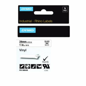 Shop the DYMO IND Black on White 1805430 Label featuring durable 24mm vinyl for long-lasting labels. Perfect for organising and labelling in any environment.
