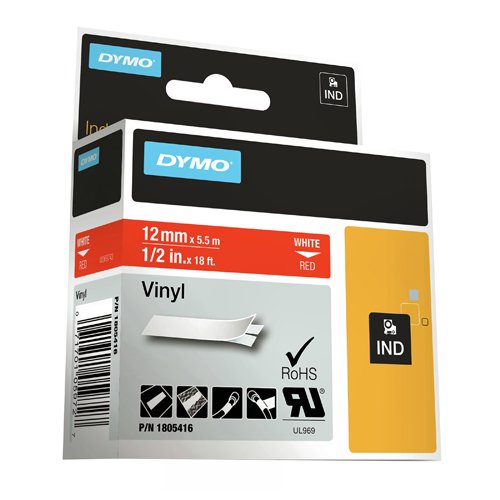 Shop the DYMO IND Black on Red 1805416 Label featuring durable 12mm vinyl for long-lasting labels. Perfect for industrial use this high-quality label tape ensures clear and professional labelling for all your organisational needs.