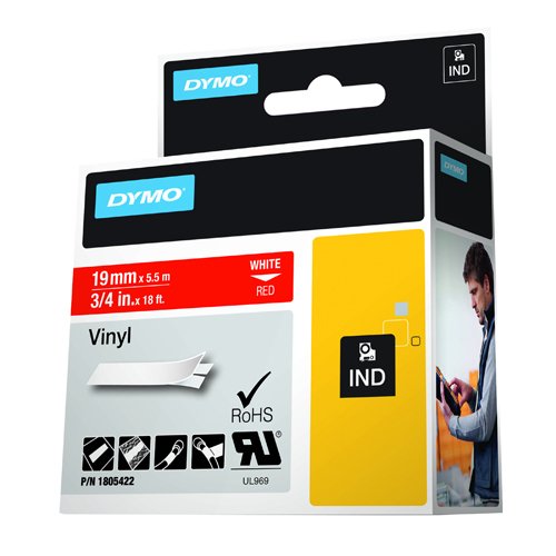 Shop the DYMO IND White on Red 1805422 Label featuring durable 19mm vinyl for clear and long-lasting labelling solutions. Perfect for industrial use this label ensures your organisation needs are met with style and efficiency.