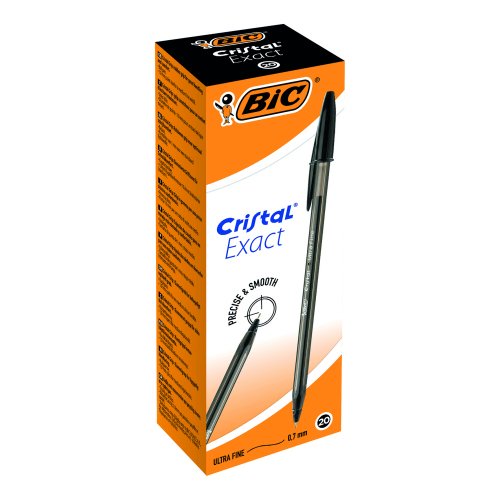Shop the BIC Cristal Exact Black Ball Pen 992603 available in a convenient pack of 20. Perfect for precise writing and everyday use these pens offer smooth ink flow and a comfortable grip.