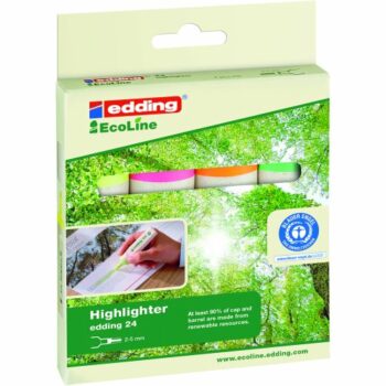 Shop the Edding 24 EcoLine Highlighters in assorted colours perfect for vibrant note-taking and highlighting. This pack of 4 eco-friendly highlighters is ideal for students and professionals alike.