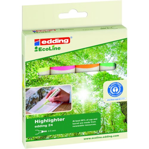 Shop the Edding 24 EcoLine Highlighters in assorted colours perfect for vibrant note-taking and highlighting. This pack of 4 eco-friendly highlighters is ideal for students and professionals alike.