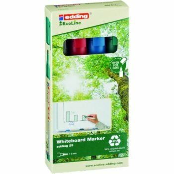 Shop the Edding 29 EcoLine Whiteboard Markers in assorted colours perfect for vibrant presentations and creative projects. This pack of 4 eco-friendly markers ensures smooth writing and easy erasing on whiteboards.