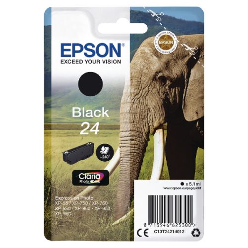 Epson Inkjet Cartridge 24 Black 5ml C13t24214012 Elephant Fusion Office