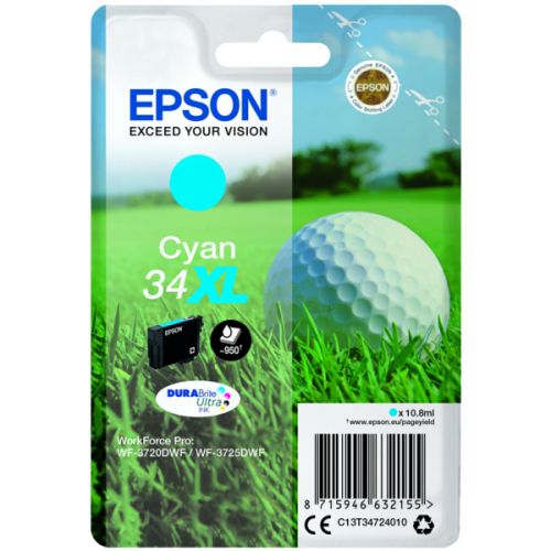 Epson Inkjet Cartridge 34xl Cyan 11ml C13t34724010 Golf Ball Fusion Office