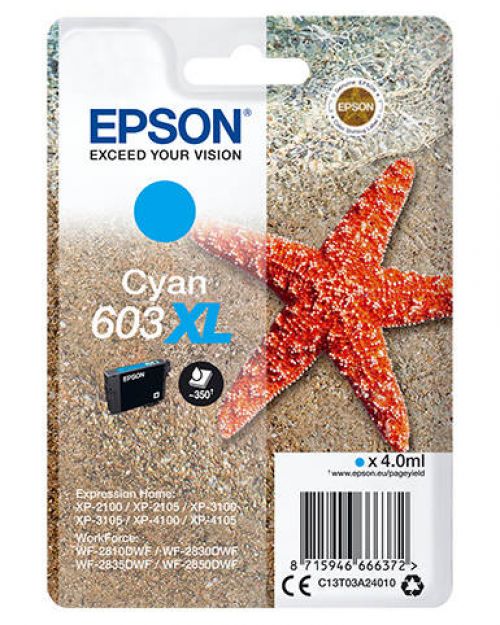 Epson Inkjet Cartridge 603xl Cyan 4ml C13t03a24010 Starfish Fusion Office