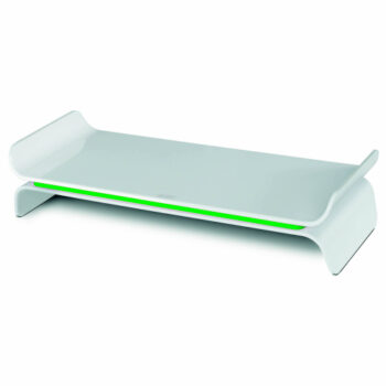 Enhance your workspace with the Leitz Ergo WOW Adjustable Monitor Stand in vibrant green (65040054) designed to improve ergonomics and elevate your monitor for optimal viewing comfort.